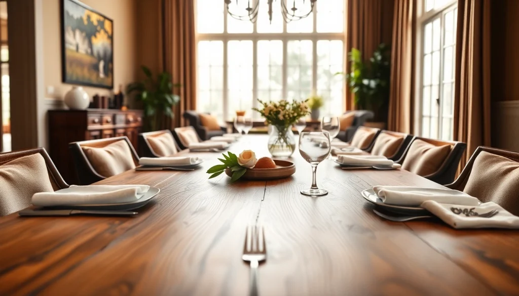 Elegant solid wood tables set in a stunning dining room, showcasing craftsmanship and inviting ambiance.
