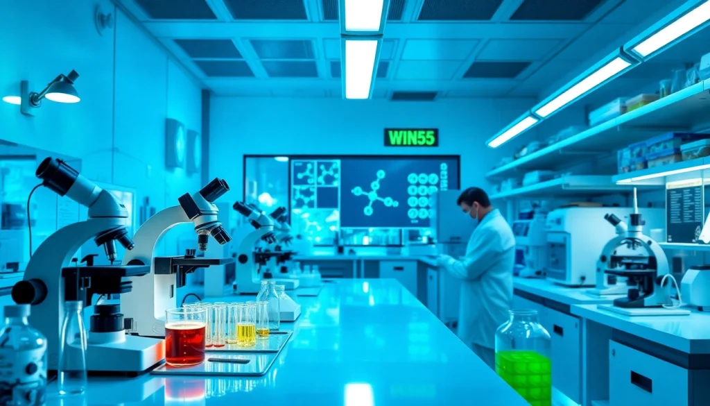 Innovative laboratory scene showcasing cannabinoid research with win55 focus.