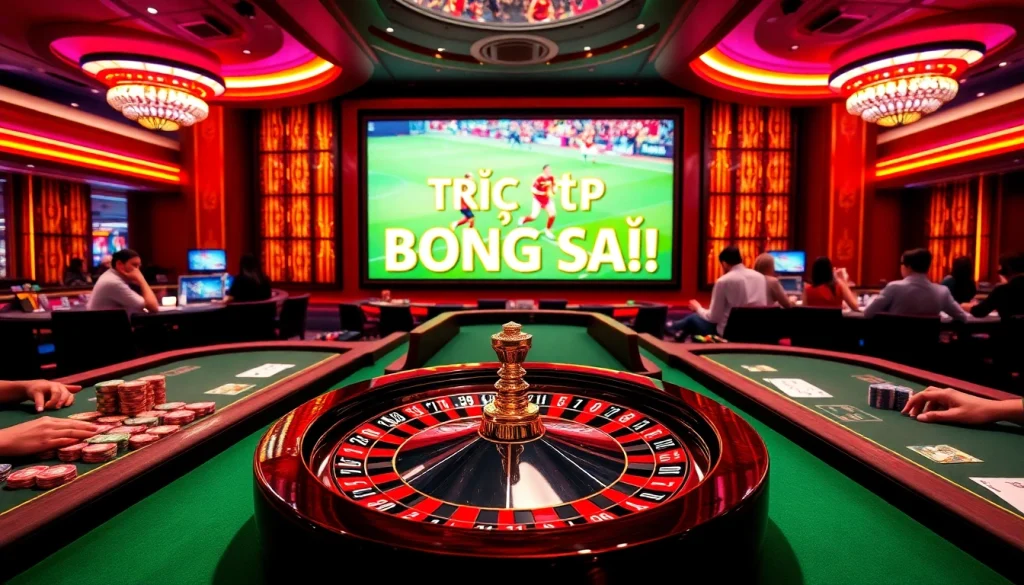 Witness the excitement of trực tiếp bóng đá while engaging in thrilling casino games amidst a luxurious backdrop.