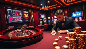 S88VIP casino scene showcasing luxury with roulette wheel, poker chips, and a focused gambler.