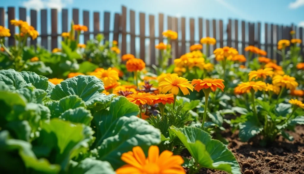Gardening in a vibrant vegetable garden with colorful plants and flowers thriving.