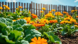 Gardening in a vibrant vegetable garden with colorful plants and flowers thriving.