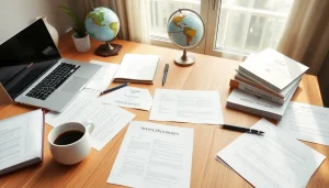 A professional workspace illustrating certified translation (traducción jurada) with documents, tools, and a globe.