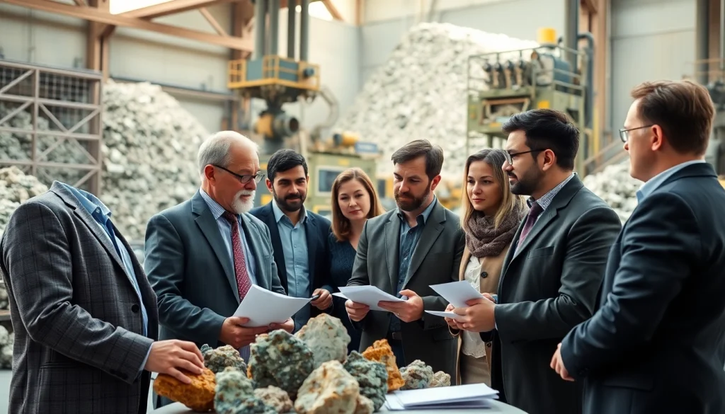 Ore brokers negotiating over mineral samples in an industrial setting with mining equipment.