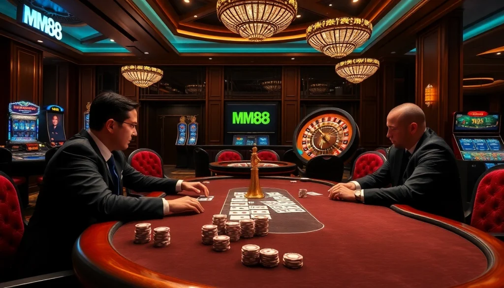 Experience excitement at MM88 with professional poker players surrounding a stunning casino table.