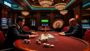 Experience excitement at MM88 with professional poker players surrounding a stunning casino table.