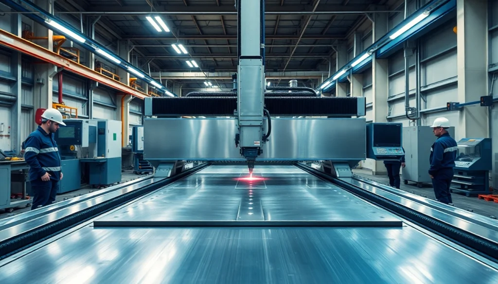 Precision plate cutting machine working with metallic plates in an industrial setting