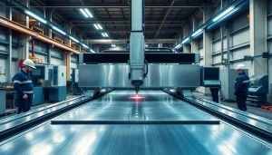 Precision plate cutting machine working with metallic plates in an industrial setting