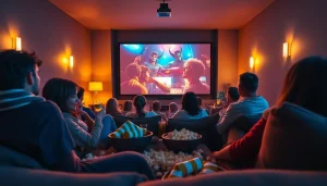 Enjoy watching filme online in a cozy home theater with friends, popcorn and warm lighting.