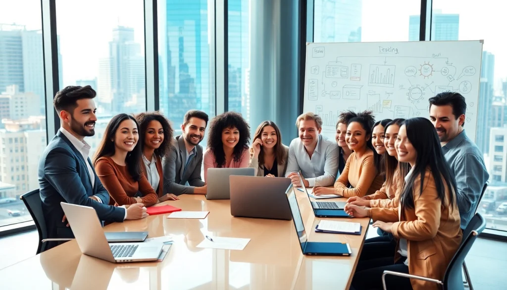 Team members collaborating on innovative business strategies in a vibrant office setting.
