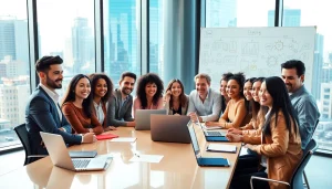 Team members collaborating on innovative business strategies in a vibrant office setting.