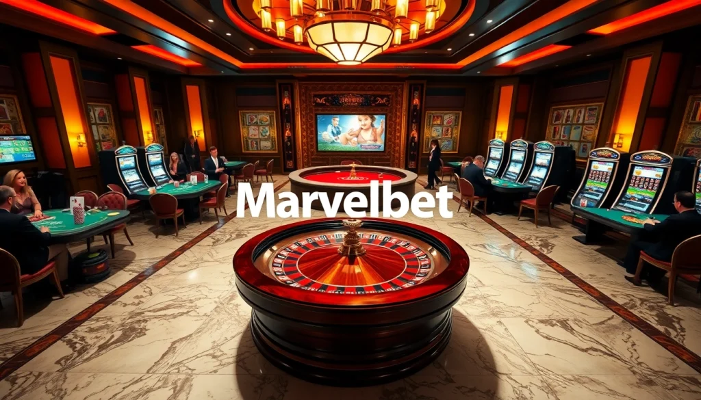 Marvelbet players enjoying a thrilling casino experience with roulette, poker, and slot machines.