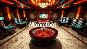 Marvelbet players enjoying a thrilling casino experience with roulette, poker, and slot machines.