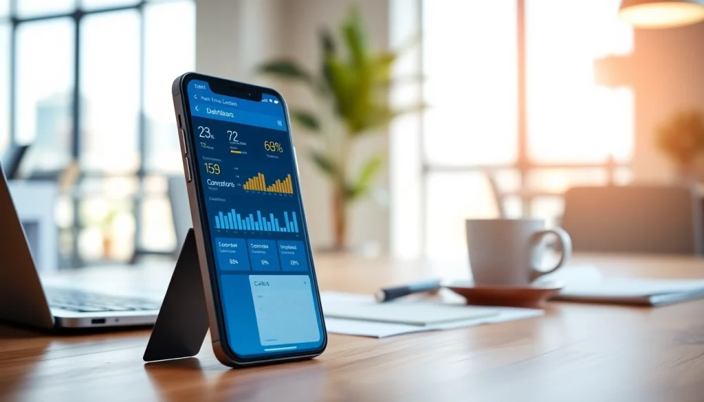 Optimize mobile CRM solutions with an intuitive dashboard on a smartphone in a modern office.
