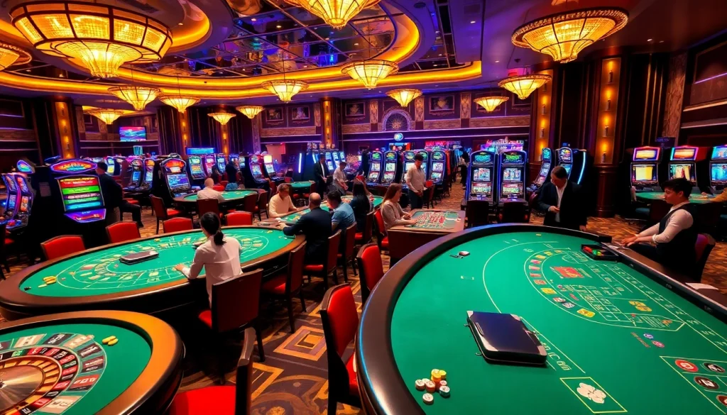 Exciting casino experience at trang chu lc88 with luxurious tables, poker chips, and vibrant lights.
