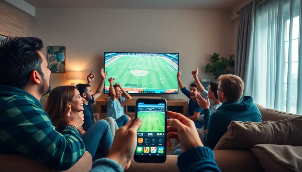 Watch Diema Sport Online Free with excited fans enjoying a live sports broadcast in a cozy living room.