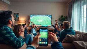 Watch Diema Sport Online Free with excited fans enjoying a live sports broadcast in a cozy living room.