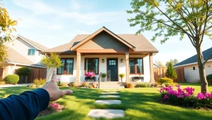 Showcasing Real Estate agent standing in front of a beautiful home, inviting atmosphere.