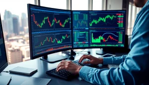 Analyze hotforex mt4 charts with a professional trader in a high-tech workspace.