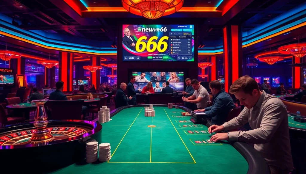 Players enjoying casino games with the new66 app at luxurious tables in a vibrant setting.