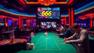 Players enjoying casino games with the new66 app at luxurious tables in a vibrant setting.