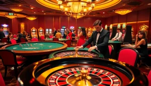 Exciting casino scene highlighting link 789p with a dazzling roulette wheel and engaged poker players.