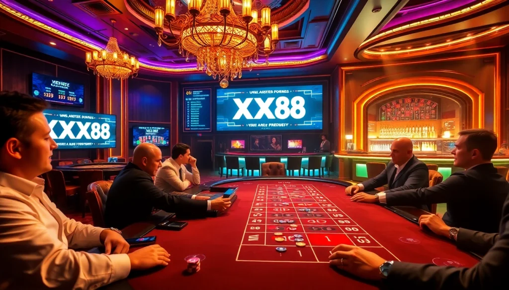 High-stakes poker game at XX88 casino with illuminated roulette wheel and vibrant decor.