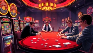 Thrilling scene at a casino table highlighting nhà cái jbo, with players strategizing in a vibrant atmosphere.