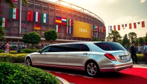 World Cup Group Transportation in a luxury limousine outside a stadium with fans and vibrant banners.