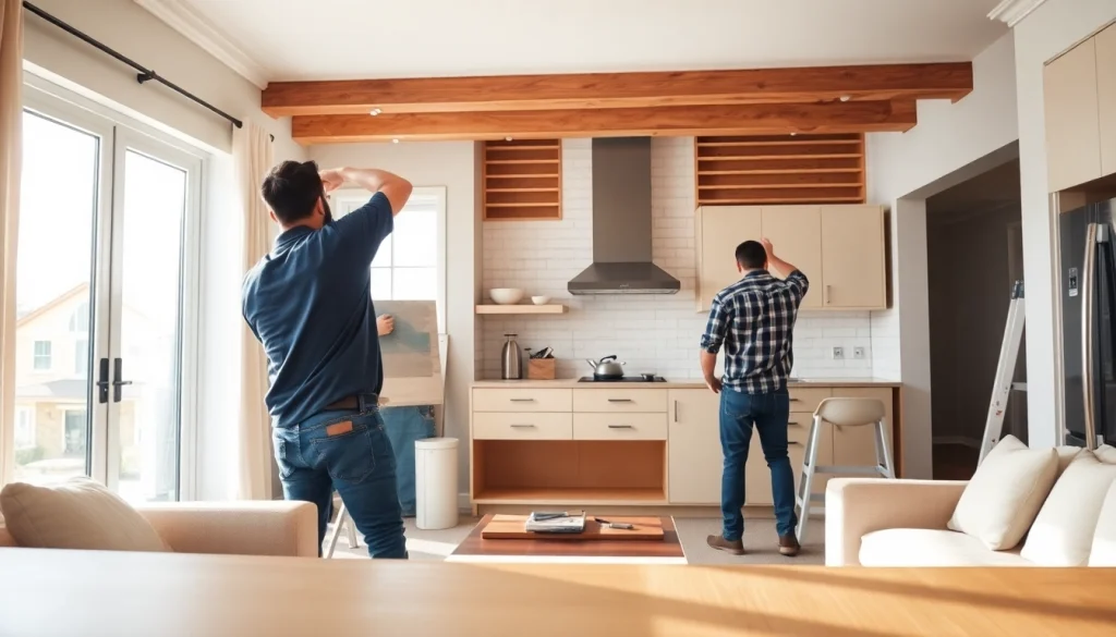 Showcase of a home renovation in progress with craftsmen transforming a living space.
