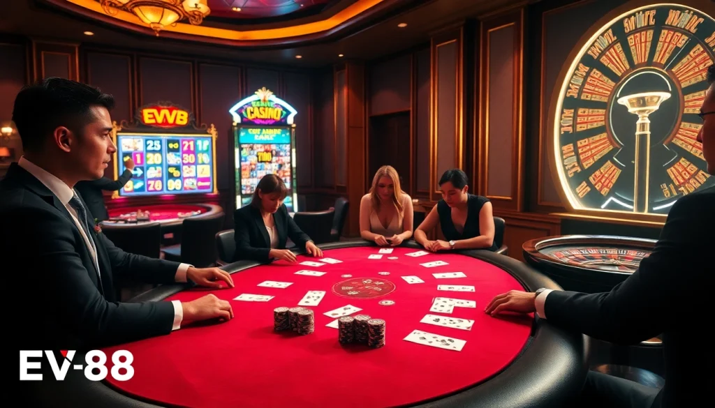 High-stakes poker players enjoying a luxurious EV88 casino experience with vibrant slot machines.