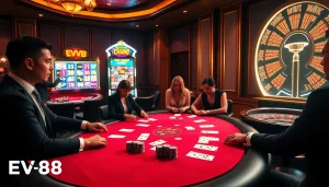 High-stakes poker players enjoying a luxurious EV88 casino experience with vibrant slot machines.