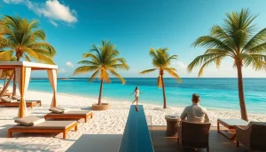 Luxury travel destinations featuring an exclusive beach resort with stunning ocean views and inviting ambiance.