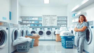 Provide laundry service near me with neatly organized space and friendly staff.