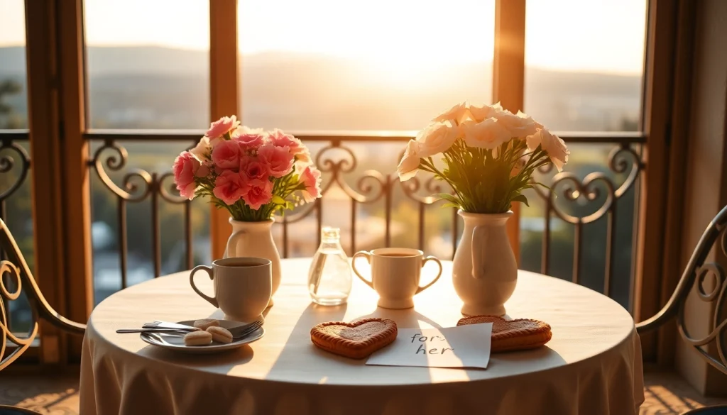Send a heartfelt good morning message for her with a loving breakfast setting and sunrise.