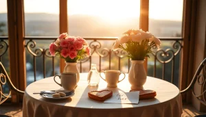 Send a heartfelt good morning message for her with a loving breakfast setting and sunrise.