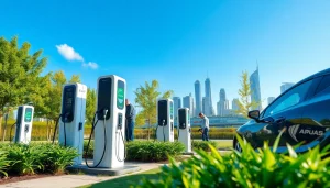 Showcasing EV charging news with a modern charging station in an urban setting, highlighting sustainable technology.