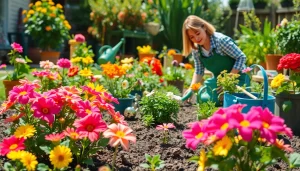 Gardening enthusiast nurturing blooming flowers in a vibrant backyard setting.