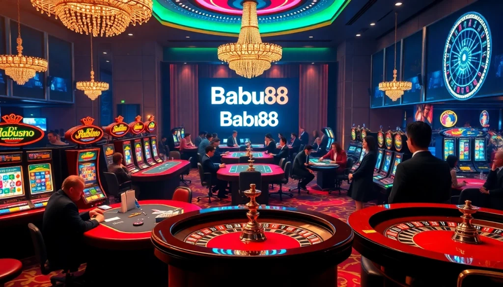 Babu88 players strategizing at luxurious casino tables with vibrant slot machines and roulette.