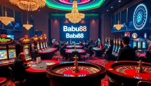 Babu88 players strategizing at luxurious casino tables with vibrant slot machines and roulette.