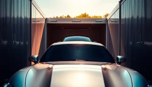 Showcase of https://luxuryautocarriers.com luxury auto transport with pristine vehicle loaded into trailer.