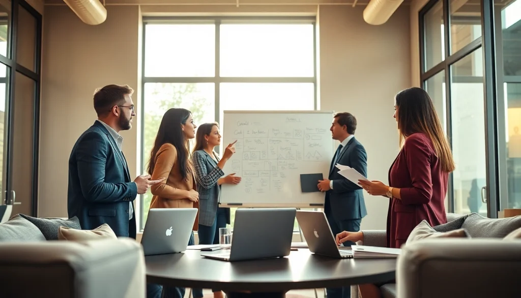 Engaging business professionals collaborating in an innovative office environment.