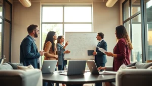 Engaging business professionals collaborating in an innovative office environment.