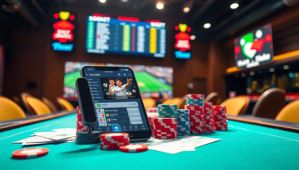 Taruhan agen sbobet di smartphone dengan suasana gambling yang energik.