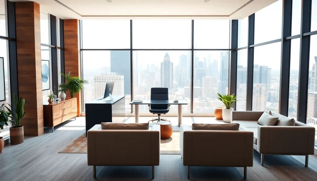 Engaging real estate office interior with modern decor and city skyline view, designed for consultations.