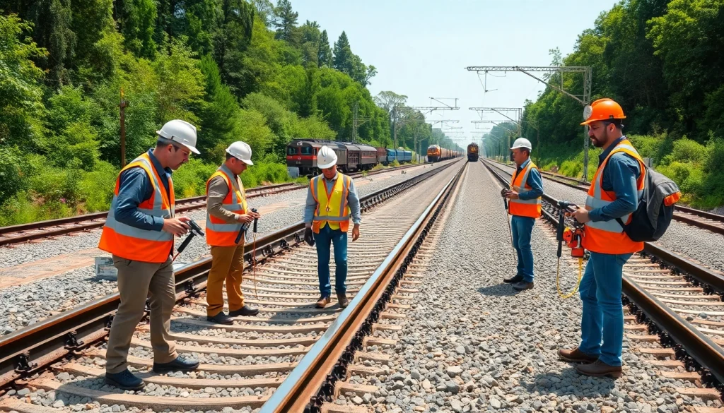 Track Inspection crew performing a detailed assessment of railroad tracks, ensuring safety.