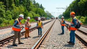 Track Inspection crew performing a detailed assessment of railroad tracks, ensuring safety.