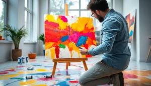 Artist painting with acrylic colors at https://acrylicpedia.com in an artistic studio.