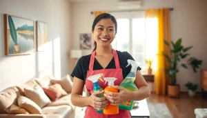 Filipino maid diligently cleaning a bright living room, ensuring a welcoming atmosphere.