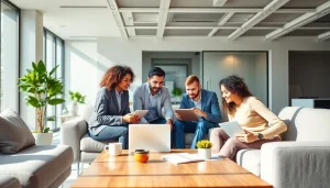 Showcasing a vibrant agency team collaborating on a digital marketing project in a modern office